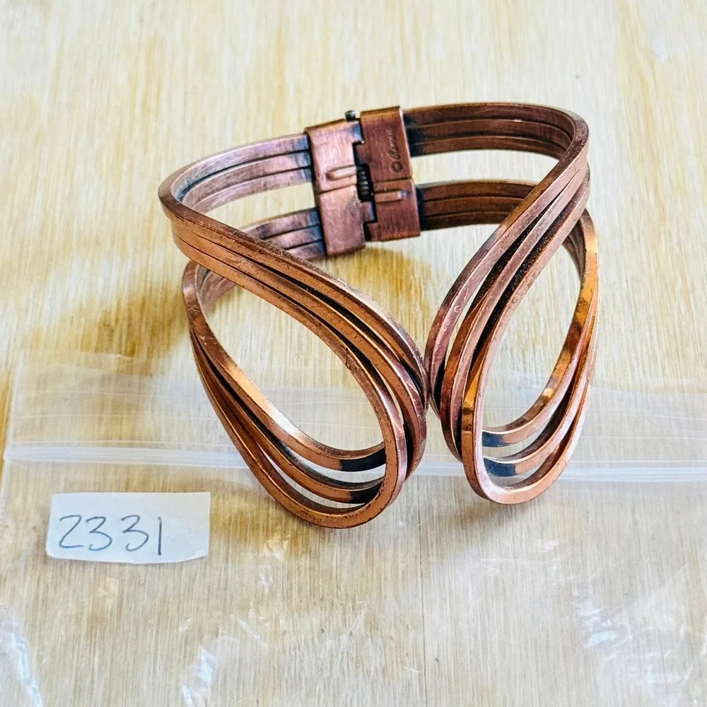 VTG Renoir Rhythm Hinged Cuff Bracelet Statement Copper Modernist Retro MCM 60s